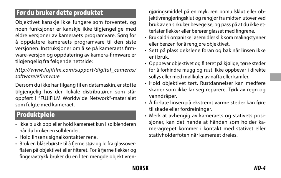 Før du bruker dette produktet, Produktpleie, No-4 norsk | FujiFilm XF 200mm f/2 R LM OIS WR Lens with XF 1.4x TC F2 WR Teleconverter Kit User Manual | Page 109 / 256