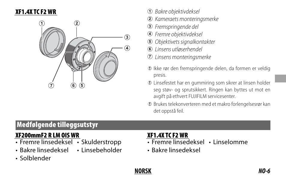 Medfølgende tilleggsutstyr, Xf1.4x tc f2 wr | FujiFilm XF 200mm f/2 R LM OIS WR Lens with XF 1.4x TC F2 WR Teleconverter Kit User Manual | Page 111 / 256