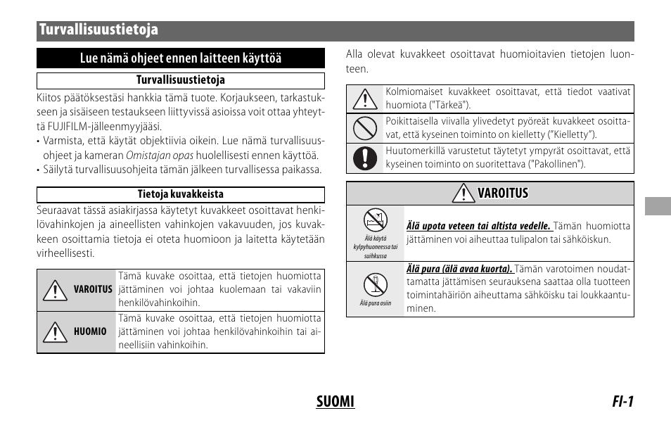 Fi-1 suomi turvallisuustietoja, Lue nämä ohjeet ennen laitteen käyttöä, Varoitus varoitus | FujiFilm XF 200mm f/2 R LM OIS WR Lens with XF 1.4x TC F2 WR Teleconverter Kit User Manual | Page 121 / 256