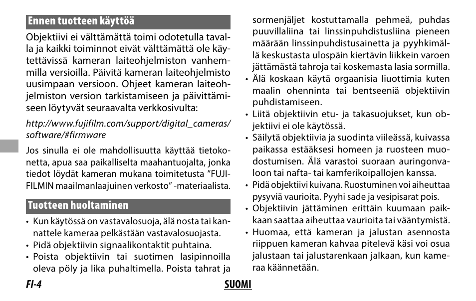 Fi-4 suomi ennen tuotteen käyttöä, Tuotteen huoltaminen | FujiFilm XF 200mm f/2 R LM OIS WR Lens with XF 1.4x TC F2 WR Teleconverter Kit User Manual | Page 124 / 256