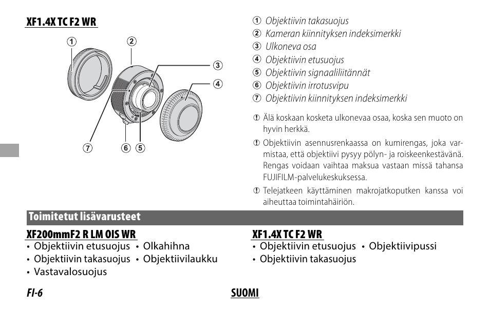 Fi-6 suomi xf1.4x tc f2 wr, Toimitetut lisävarusteet xf200mmf2 r lm ois wr, Xf1.4x tc f2 wr | FujiFilm XF 200mm f/2 R LM OIS WR Lens with XF 1.4x TC F2 WR Teleconverter Kit User Manual | Page 126 / 256