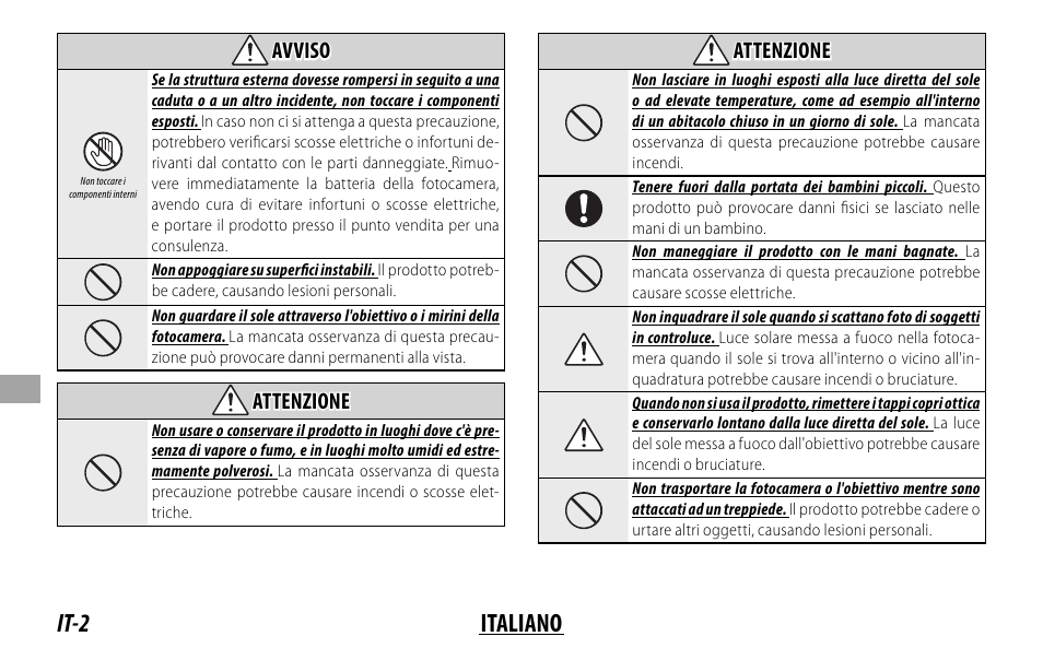 It-2 italiano, Avviso avviso, Attenzione attenzione | FujiFilm XF 200mm f/2 R LM OIS WR Lens with XF 1.4x TC F2 WR Teleconverter Kit User Manual | Page 152 / 256