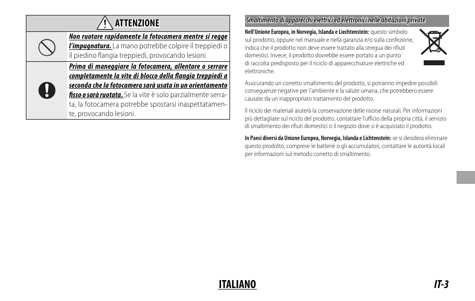 It-3 italiano, Attenzione attenzione | FujiFilm XF 200mm f/2 R LM OIS WR Lens with XF 1.4x TC F2 WR Teleconverter Kit User Manual | Page 153 / 256