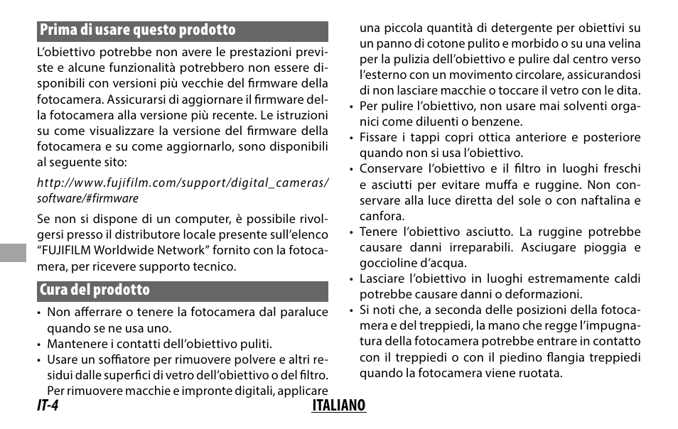 It-4 italiano prima di usare questo prodotto, Cura del prodotto | FujiFilm XF 200mm f/2 R LM OIS WR Lens with XF 1.4x TC F2 WR Teleconverter Kit User Manual | Page 154 / 256