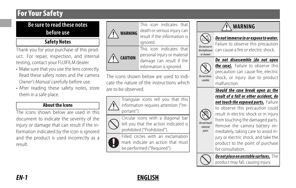 For your safety, En-1 english, Warning | FujiFilm XF 200mm f/2 R LM OIS WR Lens with XF 1.4x TC F2 WR Teleconverter Kit User Manual | Page 16 / 256