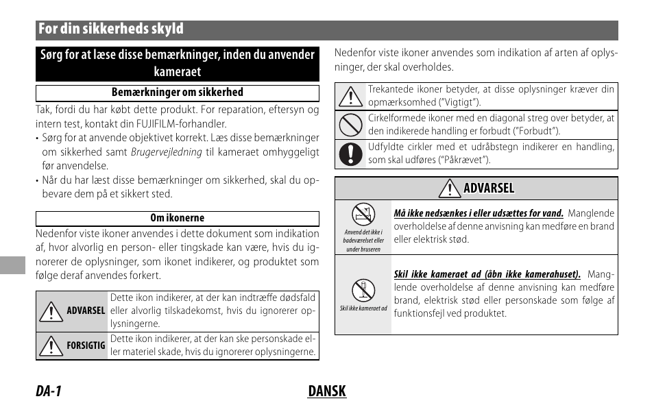 Da-1 dansk for din sikkerheds skyld, Advarsel | FujiFilm XF 200mm f/2 R LM OIS WR Lens with XF 1.4x TC F2 WR Teleconverter Kit User Manual | Page 166 / 256