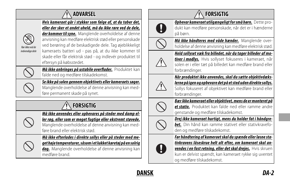 Da-2 dansk, Advarsel, Forsigtig | FujiFilm XF 200mm f/2 R LM OIS WR Lens with XF 1.4x TC F2 WR Teleconverter Kit User Manual | Page 167 / 256