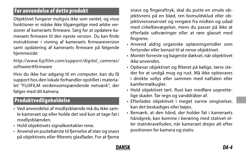 Da-4 dansk før anvendelse af dette produkt, Produktvedligeholdelse | FujiFilm XF 200mm f/2 R LM OIS WR Lens with XF 1.4x TC F2 WR Teleconverter Kit User Manual | Page 169 / 256