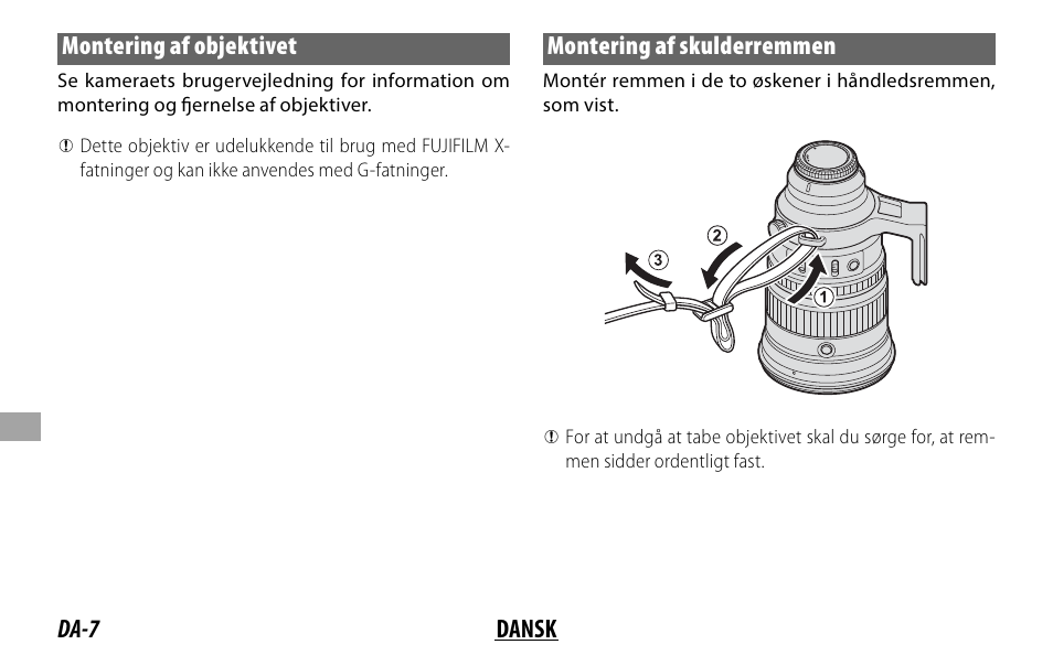 Da-7 dansk montering af objektivet, Montering af skulderremmen | FujiFilm XF 200mm f/2 R LM OIS WR Lens with XF 1.4x TC F2 WR Teleconverter Kit User Manual | Page 172 / 256
