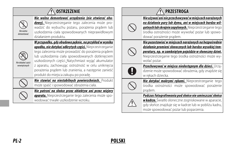 Pl-2 polski, Ostrzeżenie ostrzeżenie, Przestroga przestroga | FujiFilm XF 200mm f/2 R LM OIS WR Lens with XF 1.4x TC F2 WR Teleconverter Kit User Manual | Page 182 / 256