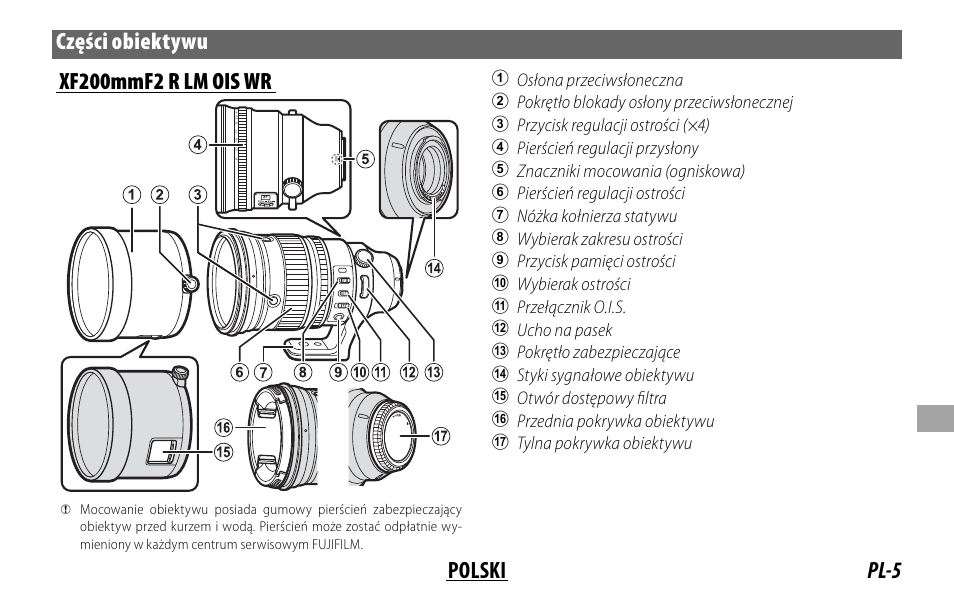 Osłona przeciwsłoneczna, Pokrętło blokady osłony przeciwsłonecznej, Przycisk regulacji ostrości (×4) | Pierścień regulacji przysłony, Znaczniki mocowania (ogniskowa), Pierścień regulacji ostrości, Nóżka kołnierza statywu, Wybierak zakresu ostrości, Przycisk pamięci ostrości, Wybierak ostrości | FujiFilm XF 200mm f/2 R LM OIS WR Lens with XF 1.4x TC F2 WR Teleconverter Kit User Manual | Page 185 / 256