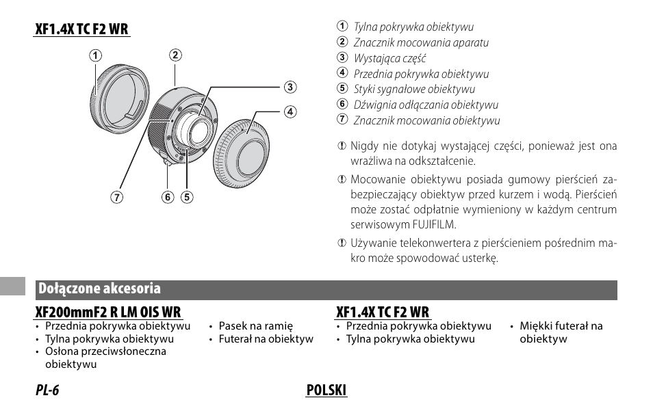 Pl-6 polski xf1.4x tc f2 wr, Dołączone akcesoria xf200mmf2 r lm ois wr, Xf1.4x tc f2 wr | FujiFilm XF 200mm f/2 R LM OIS WR Lens with XF 1.4x TC F2 WR Teleconverter Kit User Manual | Page 186 / 256