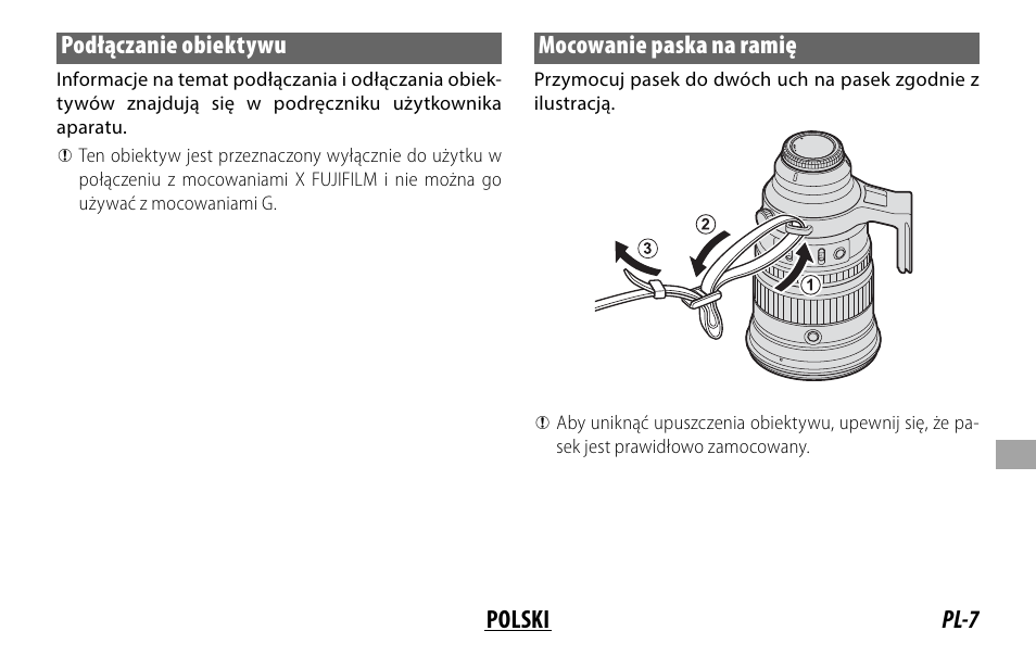 Pl-7 polski podłączanie obiektywu, Mocowanie paska na ramię | FujiFilm XF 200mm f/2 R LM OIS WR Lens with XF 1.4x TC F2 WR Teleconverter Kit User Manual | Page 187 / 256