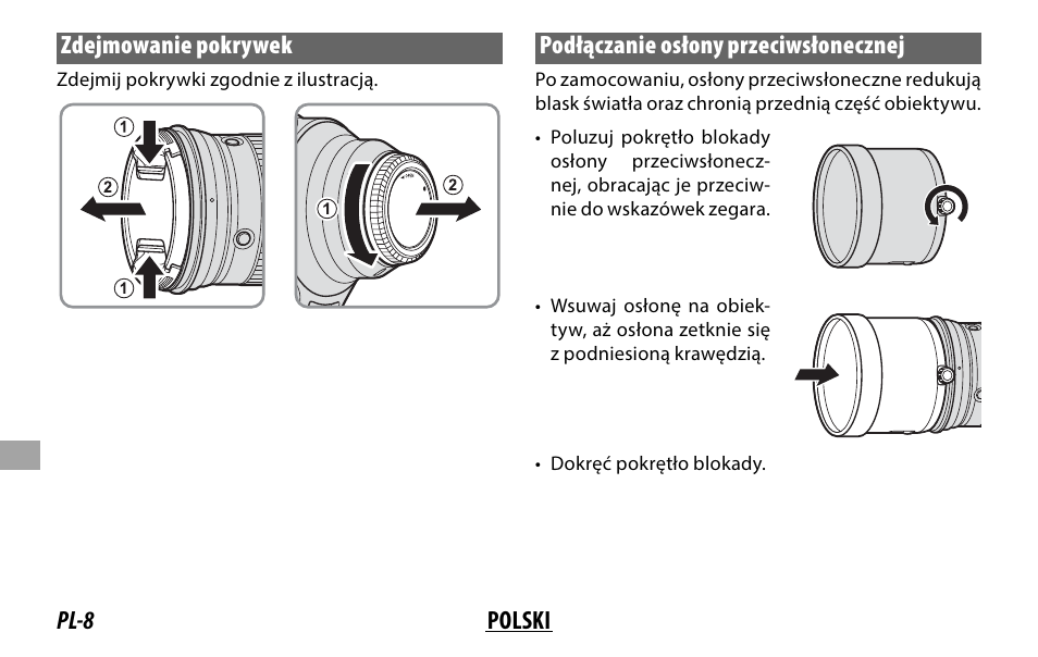 Pl-8 polski zdejmowanie pokrywek, Podłączanie osłony przeciwsłonecznej | FujiFilm XF 200mm f/2 R LM OIS WR Lens with XF 1.4x TC F2 WR Teleconverter Kit User Manual | Page 188 / 256