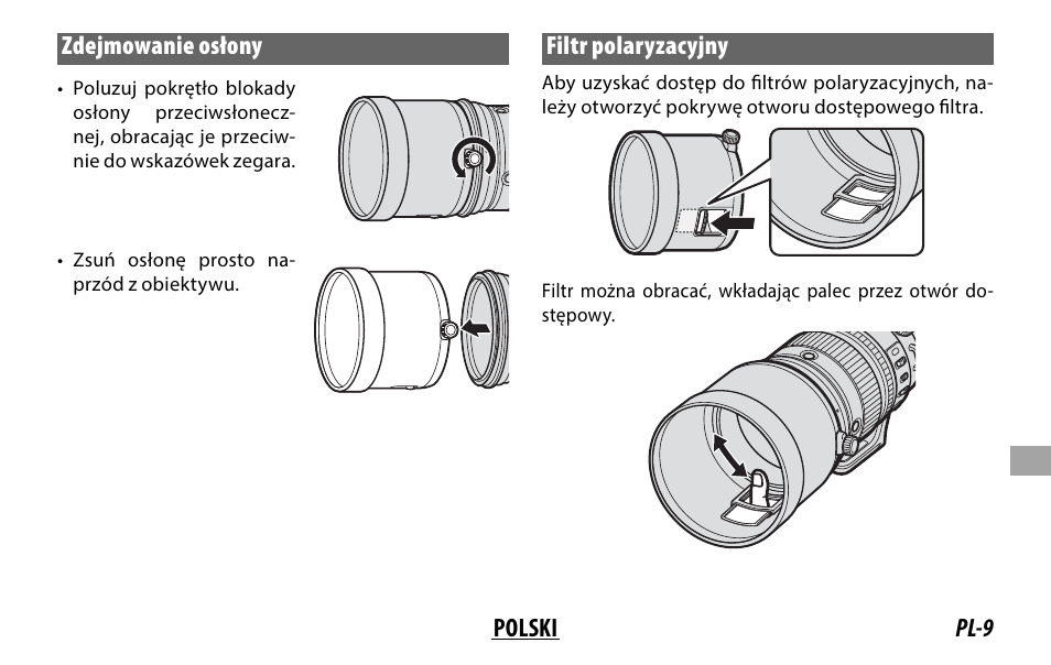 Pl-9 polski zdejmowanie osłony, Filtr polaryzacyjny | FujiFilm XF 200mm f/2 R LM OIS WR Lens with XF 1.4x TC F2 WR Teleconverter Kit User Manual | Page 189 / 256