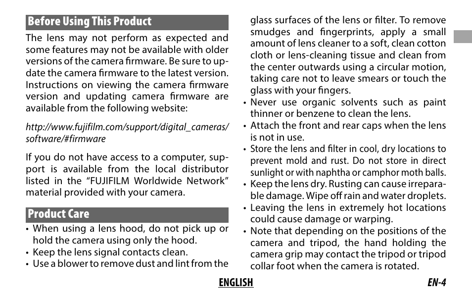 Before using this product, Product care | FujiFilm XF 200mm f/2 R LM OIS WR Lens with XF 1.4x TC F2 WR Teleconverter Kit User Manual | Page 19 / 256