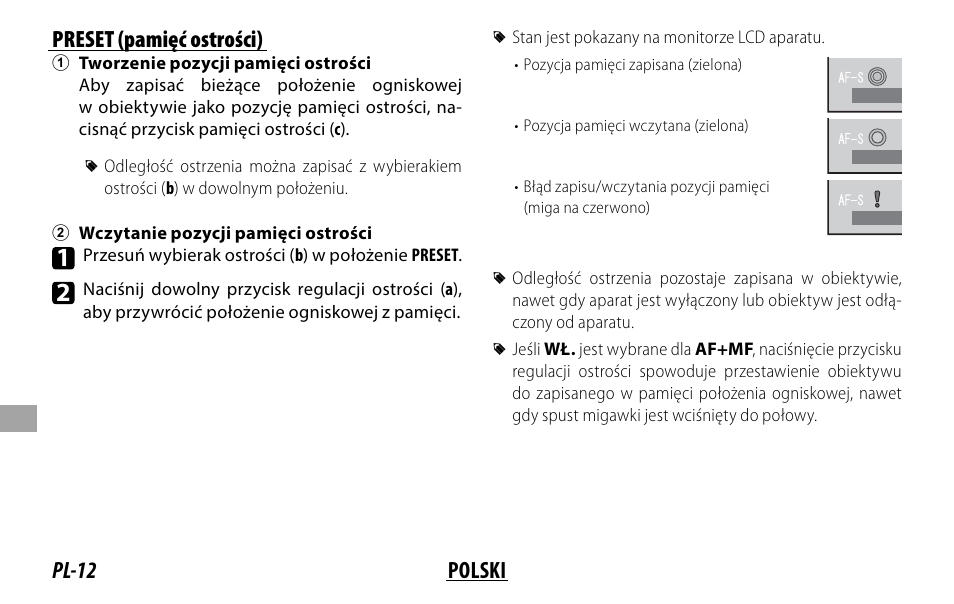 Pl-12 polski preset (pamięć ostrości) | FujiFilm XF 200mm f/2 R LM OIS WR Lens with XF 1.4x TC F2 WR Teleconverter Kit User Manual | Page 192 / 256