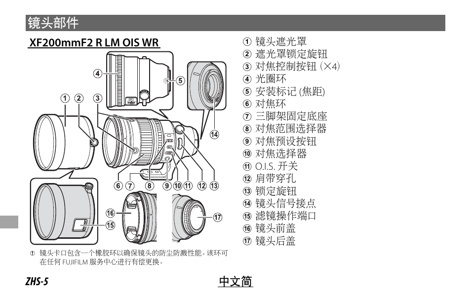 镜头部件, Zhs-5 中文简, Xf200mmf2 r lm ois wr | 镜头遮光罩, 遮光罩锁定旋钮, 对焦控制按钮（× 4, 安装标记 ( 焦距 ), 三脚架固定底座, 对焦范围选择器, 对焦预设按钮 | FujiFilm XF 200mm f/2 R LM OIS WR Lens with XF 1.4x TC F2 WR Teleconverter Kit User Manual | Page 200 / 256