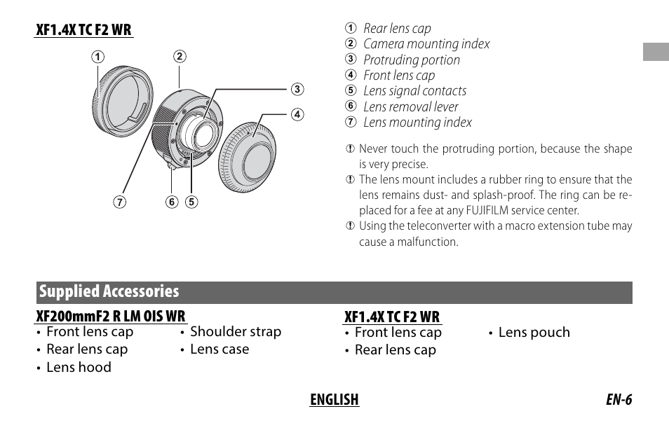 Supplied accessories, En-6 english xf1.4x tc f2 wr, Xf200mmf2 r lm ois wr | Xf1.4x tc f2 wr | FujiFilm XF 200mm f/2 R LM OIS WR Lens with XF 1.4x TC F2 WR Teleconverter Kit User Manual | Page 21 / 256