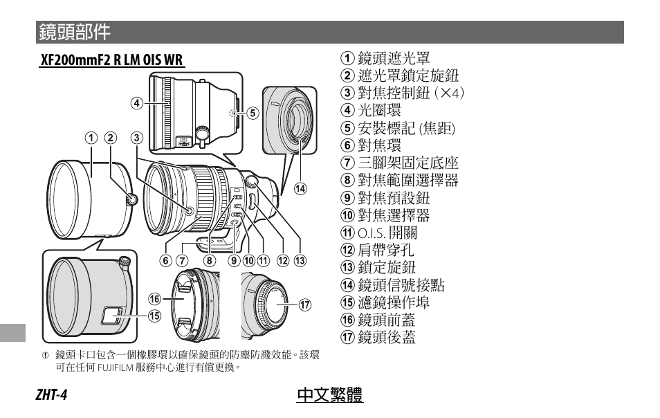 鏡頭部件, Zht-4 中文繁體, Xf200mmf2 r lm ois wr | FujiFilm XF 200mm f/2 R LM OIS WR Lens with XF 1.4x TC F2 WR Teleconverter Kit User Manual | Page 214 / 256