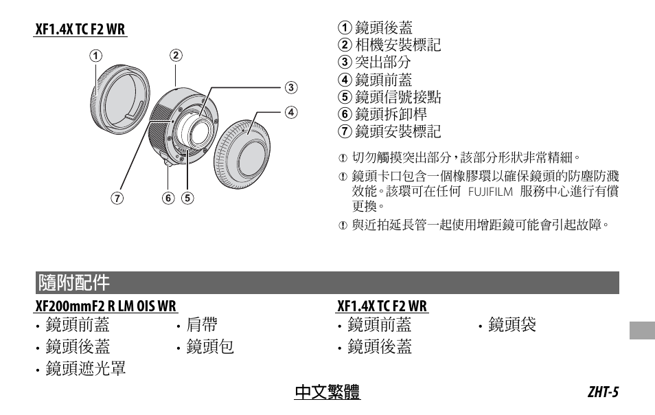 隨附配件 | FujiFilm XF 200mm f/2 R LM OIS WR Lens with XF 1.4x TC F2 WR Teleconverter Kit User Manual | Page 215 / 256