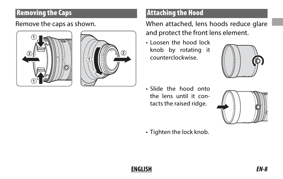 Removing the caps, Attaching the hood | FujiFilm XF 200mm f/2 R LM OIS WR Lens with XF 1.4x TC F2 WR Teleconverter Kit User Manual | Page 23 / 256