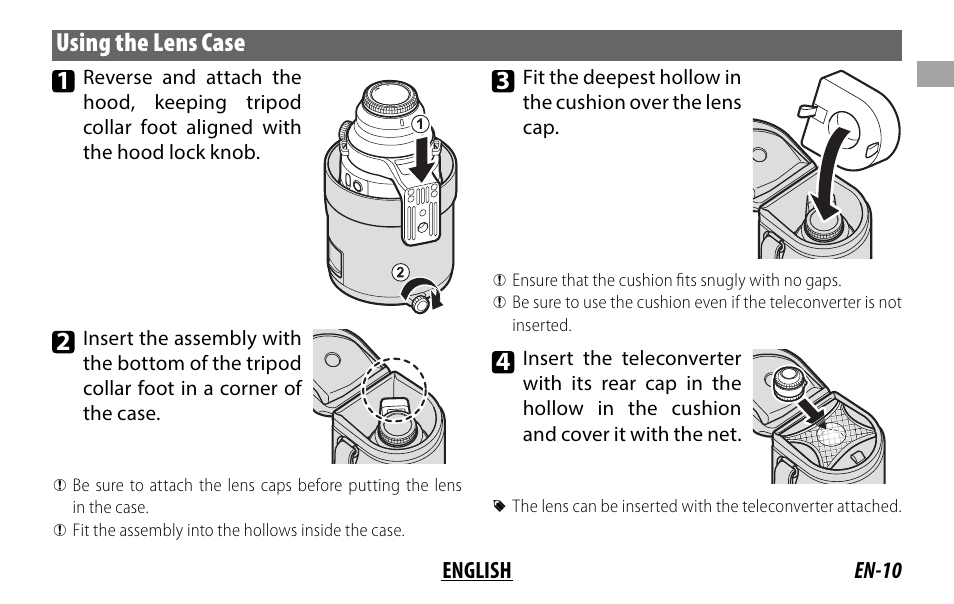 Using the lens case | FujiFilm XF 200mm f/2 R LM OIS WR Lens with XF 1.4x TC F2 WR Teleconverter Kit User Manual | Page 25 / 256