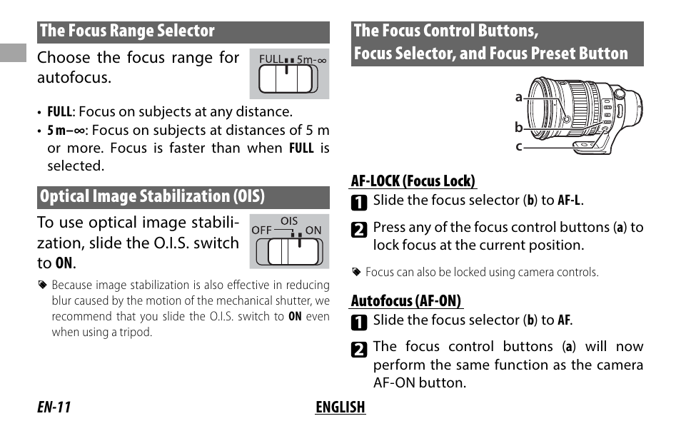 The focus range selector, Optical image stabilization (ois) | FujiFilm XF 200mm f/2 R LM OIS WR Lens with XF 1.4x TC F2 WR Teleconverter Kit User Manual | Page 26 / 256