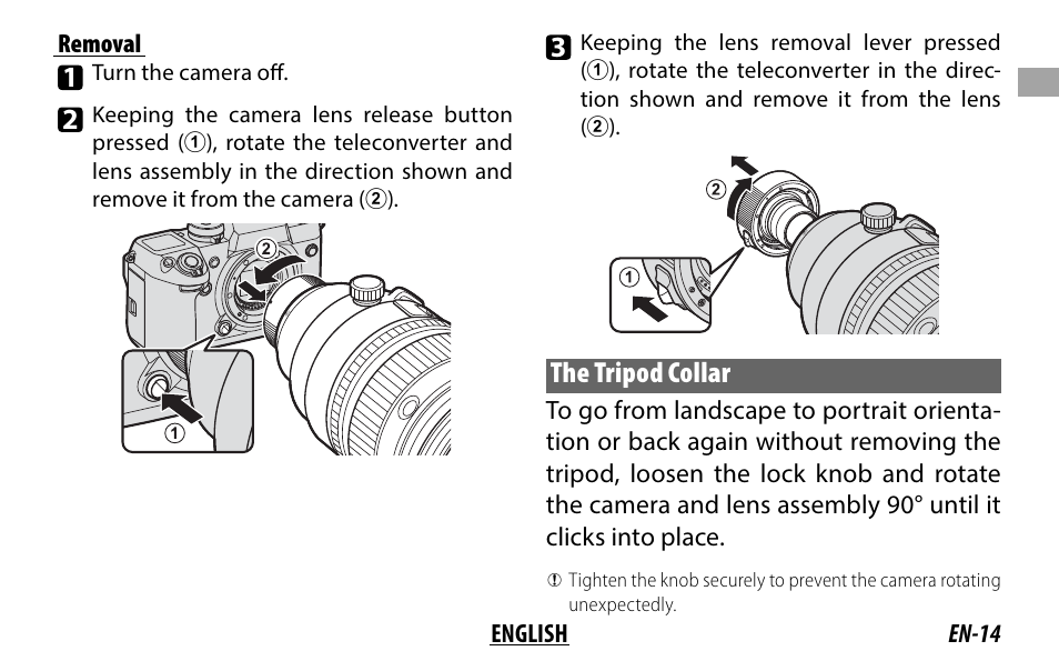 The tripod collar, En-14 english removal | FujiFilm XF 200mm f/2 R LM OIS WR Lens with XF 1.4x TC F2 WR Teleconverter Kit User Manual | Page 29 / 256