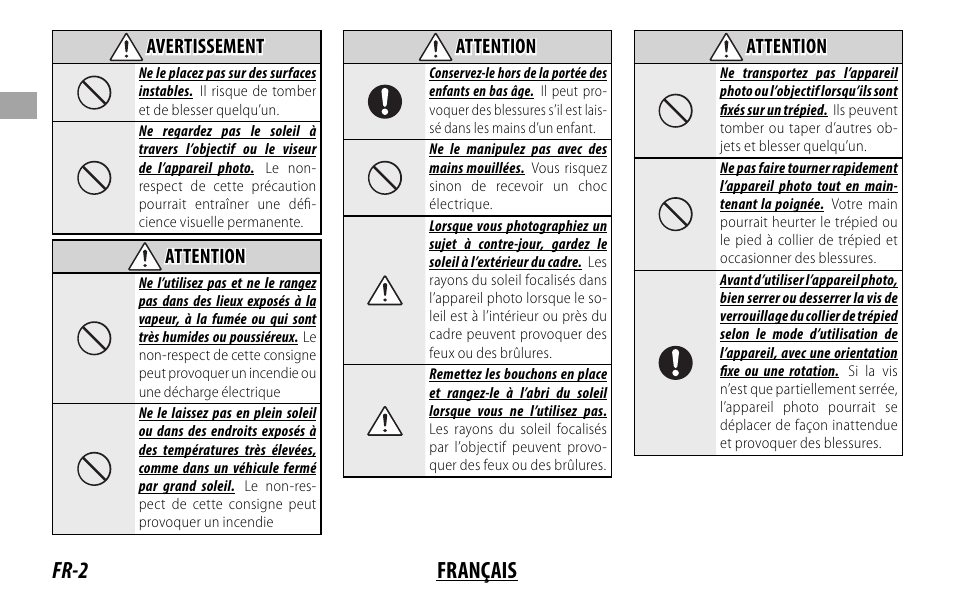 Fr-2 français, Avertissement, Attention | FujiFilm XF 200mm f/2 R LM OIS WR Lens with XF 1.4x TC F2 WR Teleconverter Kit User Manual | Page 32 / 256