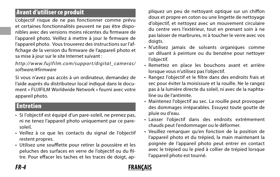 Fr-4 français avant d’utiliser ce produit, Entretien | FujiFilm XF 200mm f/2 R LM OIS WR Lens with XF 1.4x TC F2 WR Teleconverter Kit User Manual | Page 34 / 256