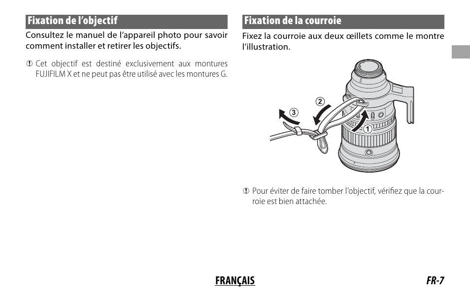 Fr-7 français fixation de l’objectif, Fixation de la courroie | FujiFilm XF 200mm f/2 R LM OIS WR Lens with XF 1.4x TC F2 WR Teleconverter Kit User Manual | Page 37 / 256
