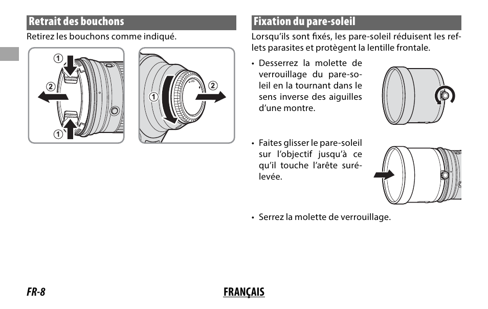 Fr-8 français retrait des bouchons, Fixation du pare-soleil | FujiFilm XF 200mm f/2 R LM OIS WR Lens with XF 1.4x TC F2 WR Teleconverter Kit User Manual | Page 38 / 256