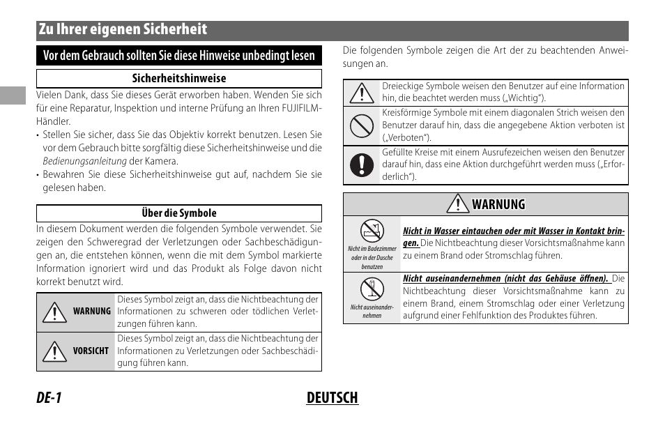 De-1 deutsch zu ihrer eigenen sicherheit, Warnung warnung | FujiFilm XF 200mm f/2 R LM OIS WR Lens with XF 1.4x TC F2 WR Teleconverter Kit User Manual | Page 46 / 256