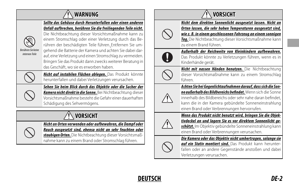De-2 deutsch, Warnung warnung, Vorsicht vorsicht | FujiFilm XF 200mm f/2 R LM OIS WR Lens with XF 1.4x TC F2 WR Teleconverter Kit User Manual | Page 47 / 256