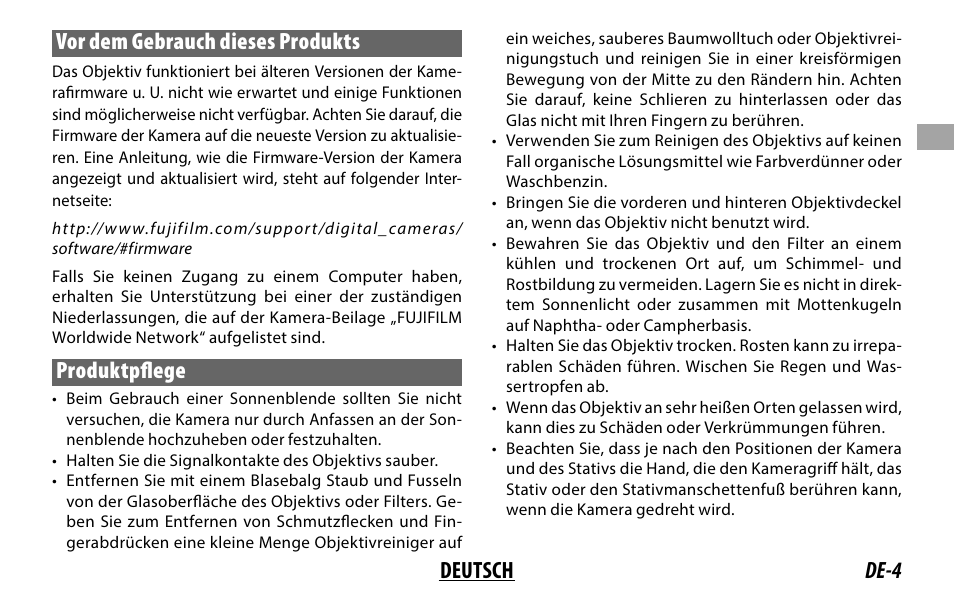 De-4 deutsch vor dem gebrauch dieses produkts, Produktpfl ege | FujiFilm XF 200mm f/2 R LM OIS WR Lens with XF 1.4x TC F2 WR Teleconverter Kit User Manual | Page 49 / 256