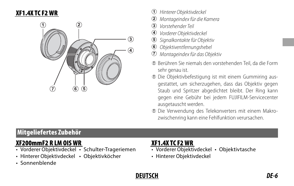 De-6 deutsch xf1.4x tc f2 wr, Mitgeliefertes zubehör xf200mmf2 r lm ois wr, Xf1.4x tc f2 wr | FujiFilm XF 200mm f/2 R LM OIS WR Lens with XF 1.4x TC F2 WR Teleconverter Kit User Manual | Page 51 / 256