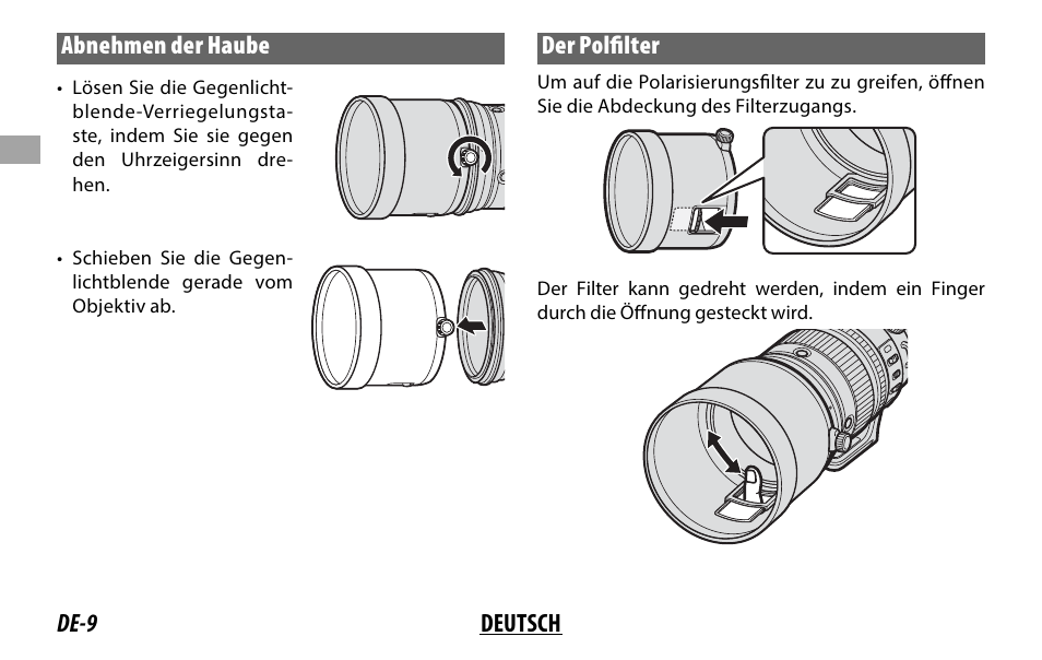 De-9 deutsch abnehmen der haube, Der polfi lter | FujiFilm XF 200mm f/2 R LM OIS WR Lens with XF 1.4x TC F2 WR Teleconverter Kit User Manual | Page 54 / 256