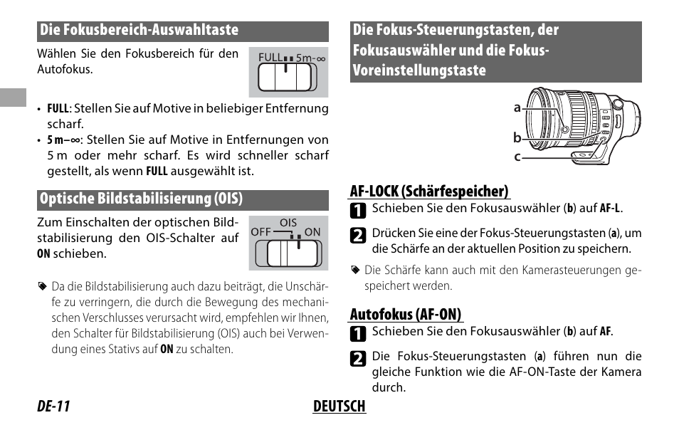 De-11 deutsch die fokusbereich-auswahltaste, Optische bildstabilisierung (ois), Af-lock (schärfespeicher) | Autofokus (af-on) | FujiFilm XF 200mm f/2 R LM OIS WR Lens with XF 1.4x TC F2 WR Teleconverter Kit User Manual | Page 56 / 256