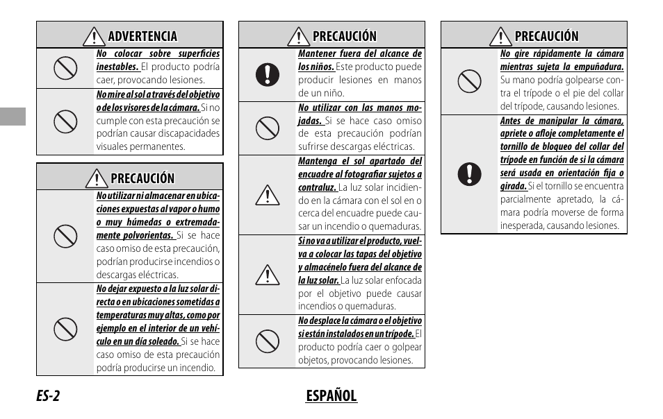 Es-2 español, Advertencia advertencia, Precaución precaución | FujiFilm XF 200mm f/2 R LM OIS WR Lens with XF 1.4x TC F2 WR Teleconverter Kit User Manual | Page 62 / 256