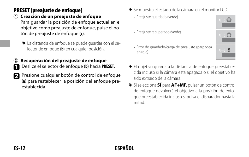 Es-12 español preset (preajuste de enfoque) | FujiFilm XF 200mm f/2 R LM OIS WR Lens with XF 1.4x TC F2 WR Teleconverter Kit User Manual | Page 72 / 256