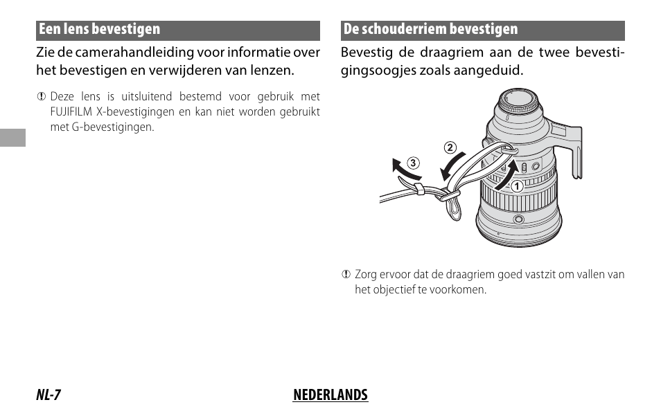 Nl-7 nederlands een lens bevestigen, De schouderriem bevestigen | FujiFilm XF 200mm f/2 R LM OIS WR Lens with XF 1.4x TC F2 WR Teleconverter Kit User Manual | Page 82 / 256