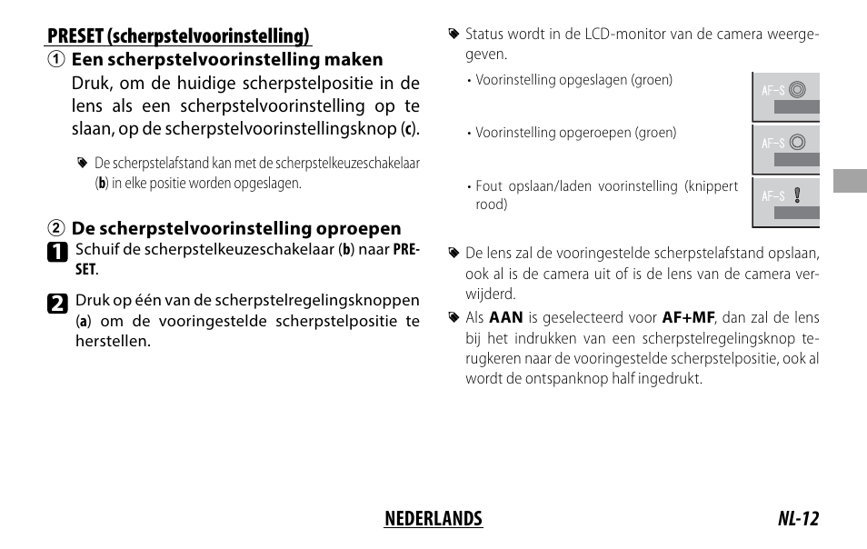 Nl-12 nederlands preset (scherpstelvoorinstelling) | FujiFilm XF 200mm f/2 R LM OIS WR Lens with XF 1.4x TC F2 WR Teleconverter Kit User Manual | Page 87 / 256