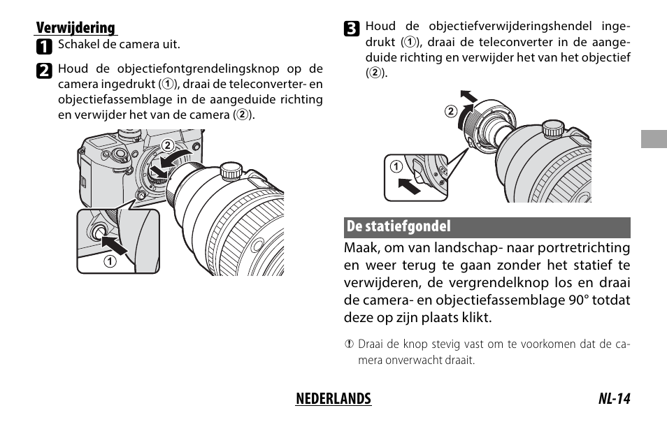 Nl-14 nederlands verwijdering, De statiefgondel | FujiFilm XF 200mm f/2 R LM OIS WR Lens with XF 1.4x TC F2 WR Teleconverter Kit User Manual | Page 89 / 256