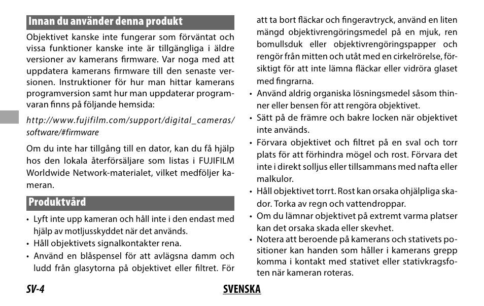 Sv-4 svenska innan du använder denna produkt, Produktvård | FujiFilm XF 200mm f/2 R LM OIS WR Lens with XF 1.4x TC F2 WR Teleconverter Kit User Manual | Page 94 / 256