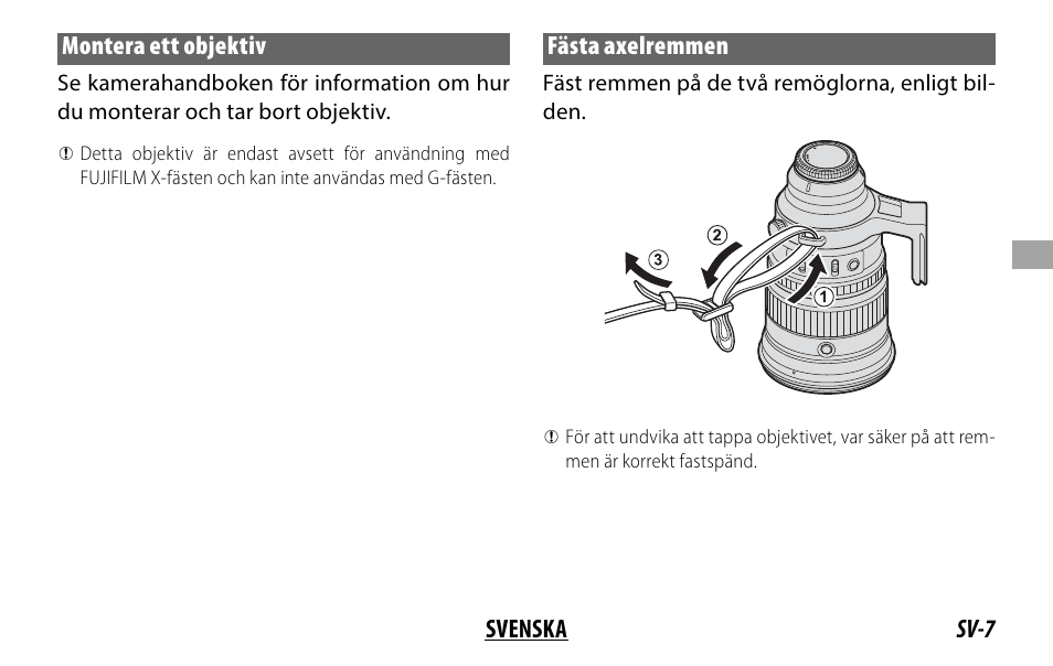 Sv-7 svenska montera ett objektiv, Fästa axelremmen | FujiFilm XF 200mm f/2 R LM OIS WR Lens with XF 1.4x TC F2 WR Teleconverter Kit User Manual | Page 97 / 256