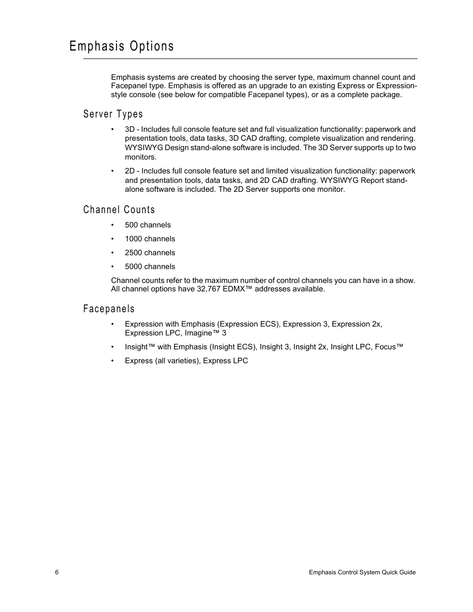 Emphasis options, Server types, Channel counts | Facepanels, Server types channel counts facepanels | Dell Emphasis Lighting Control System User Manual | Page 10 / 68