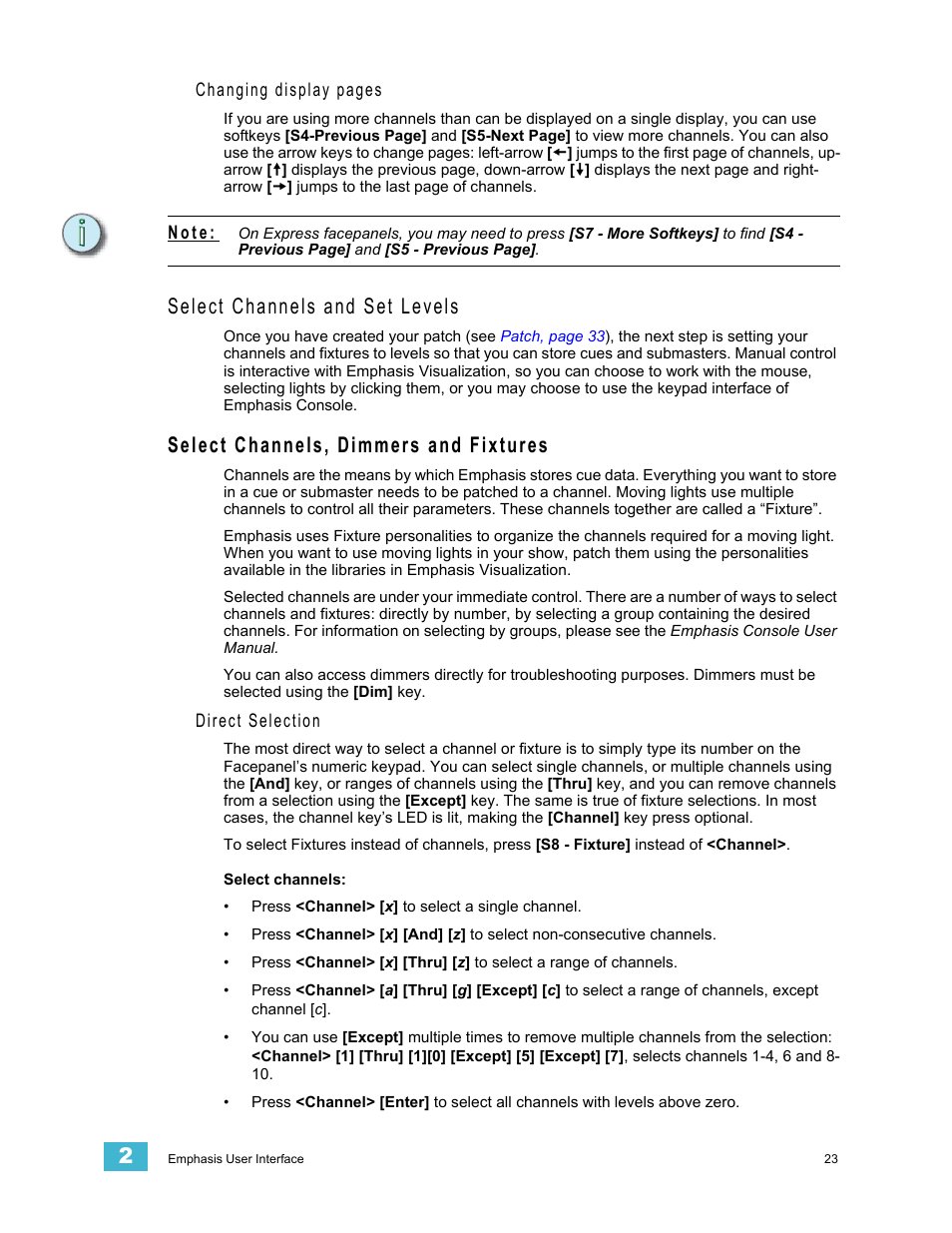 Select channels and set levels, Select channels, dimmers and fixtures | Dell Emphasis Lighting Control System User Manual | Page 27 / 68