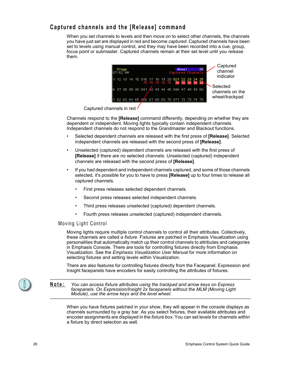 Captured channels and the [release] command, Captured channels and the [relea, Moving | Dell Emphasis Lighting Control System User Manual | Page 30 / 68