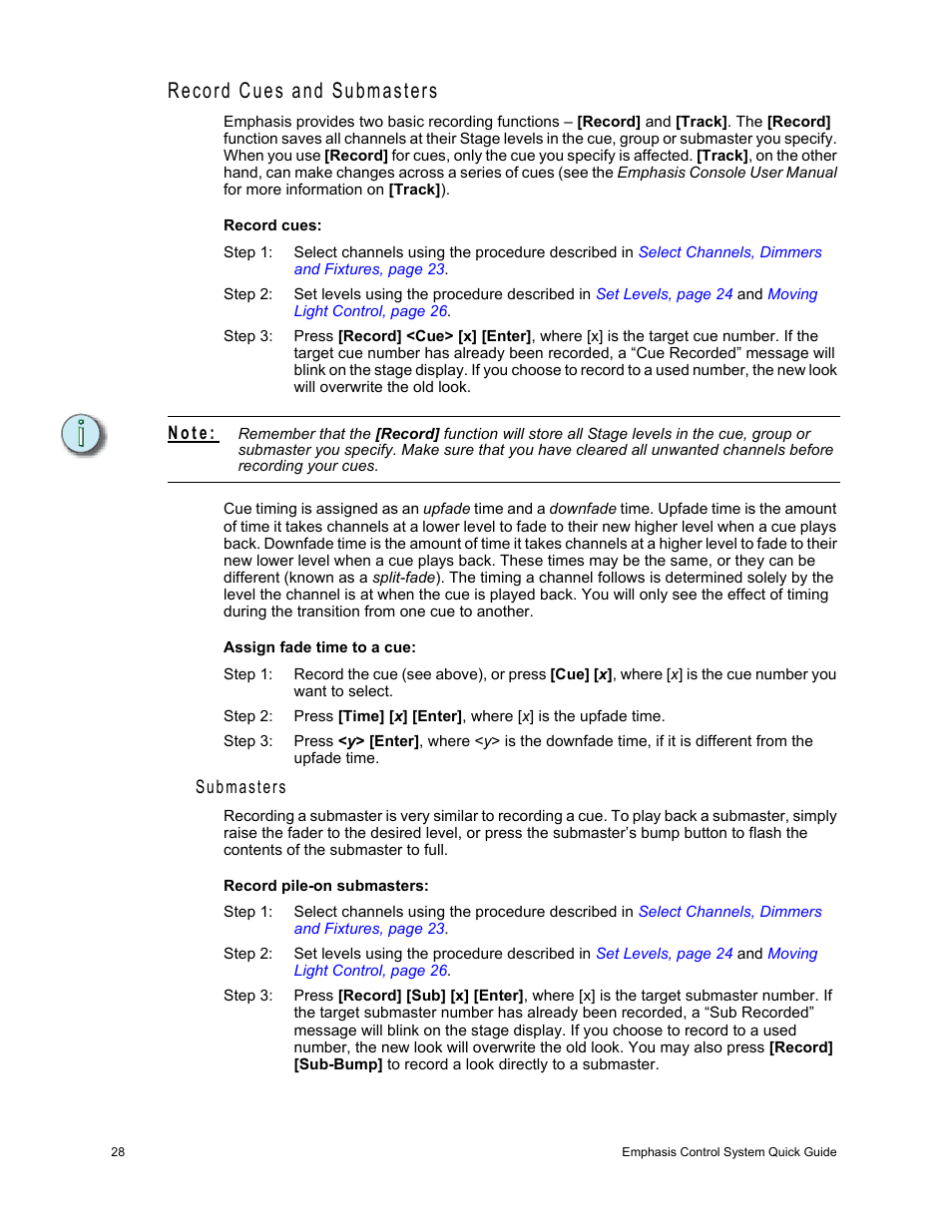 Record cues and submasters | Dell Emphasis Lighting Control System User Manual | Page 32 / 68